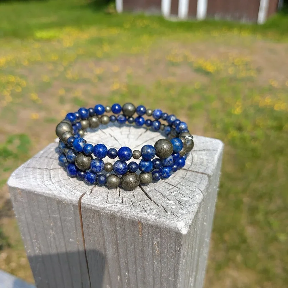 Natural Lapis Lazuli and Pyrite Memory Wire Layer Bracelet - Picture 9 of 14